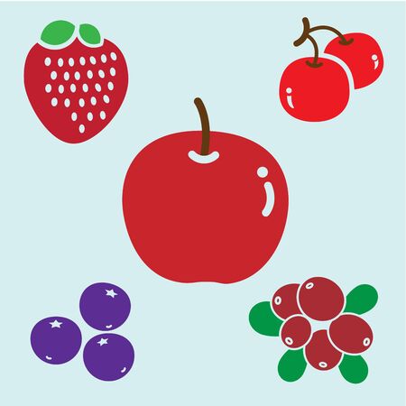 group of berries and animal consist of red apple, blueberry, strawberry,  cranberry and cheeryのイラスト素材