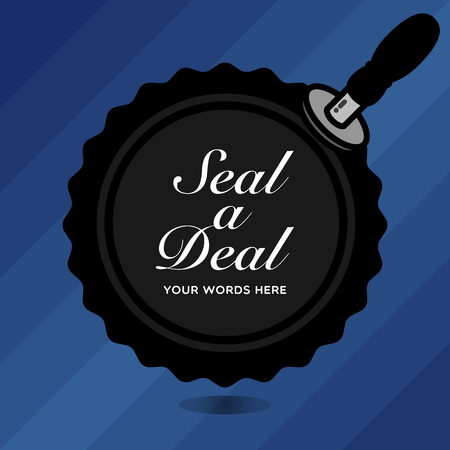 Bubble icon with wax seal stamp in black on blue background with seal a deal word or place your own words on a seal.のイラスト素材