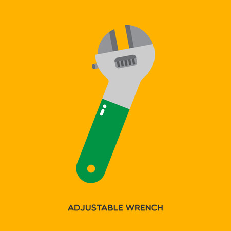 Metal adjustable wrench or spanner with green handle are illustrated in cartoon style placed on yellow background.のイラスト素材