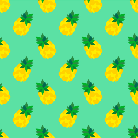 Tropical yellow pineapple with green leaves set as a seamless pattern on light green background. This can be used for wallpaper, fabric, background, print, wrap paper, curtain, tile and etc.のイラスト素材