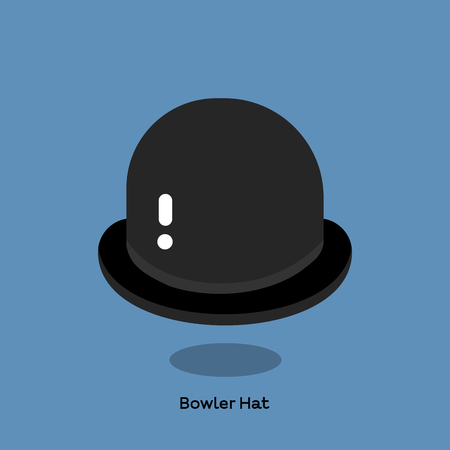 Hard black felt bowler hat on cool blue background. Light weight straw hat with wide flat brim and round top for lady, is very popular in summer time.のイラスト素材