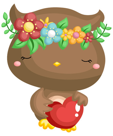 a cute owl holding a heart while wearing a flower wreathのイラスト素材