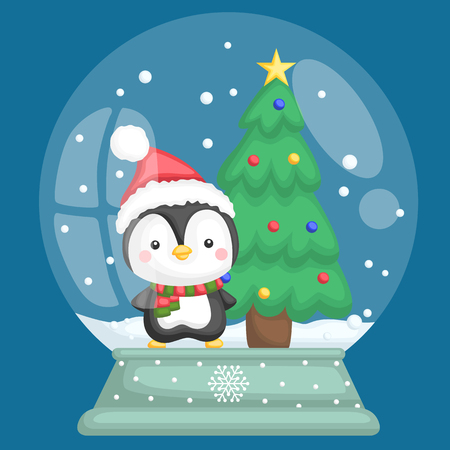 a penguin inside a snow ball with a Christmas treeのイラスト素材