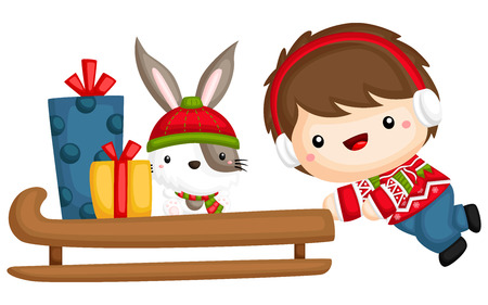 a vector of a cute and adorable boy pushing sledgeのイラスト素材