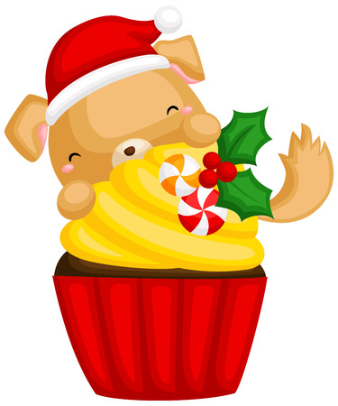 A vector of cute little puppy using Santa hat hiding behind a giant cupcakeのイラスト素材