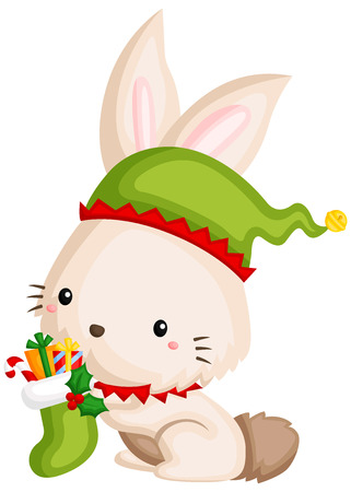 A vector of cute little bunny with elf costume holding a christmas sockのイラスト素材