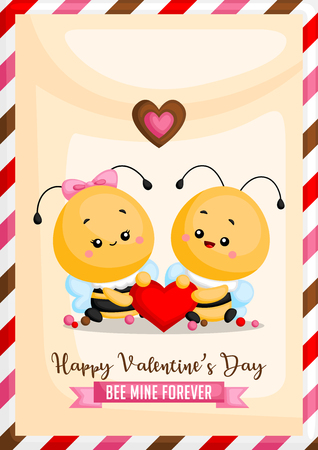 A Vector of Cute Bee Card Holding Heart Together for Celebrating Valentineâs Day with saying Bee Mine Forever on the Bannerのイラスト素材