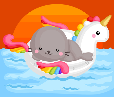 A Vector of Cute Little Seal Sitting on top of Unicorn Float Enjoying the Sunset Timeのイラスト素材