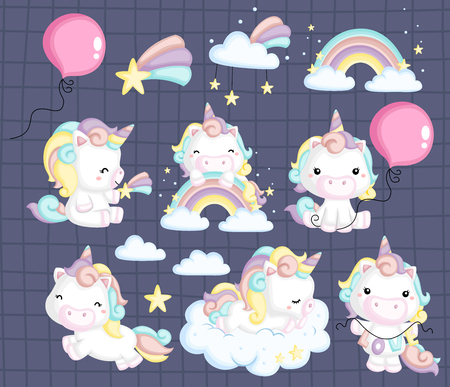 a vector collection of many unicorns in many posesのイラスト素材