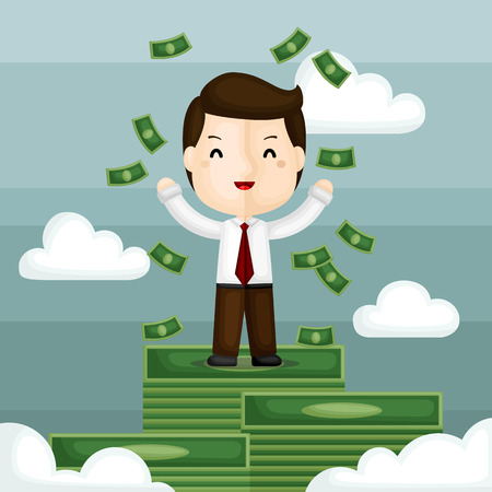A Vector of Happy Businessman Surrounding with Money and Standing on Stacks of Moneyのイラスト素材