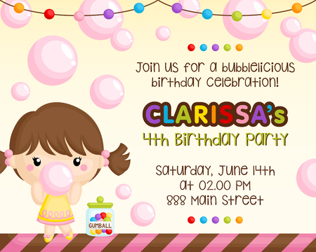 A Birthday Invitation of Cute Girl Chewing Bubblegum with lots of Bubblesのイラスト素材