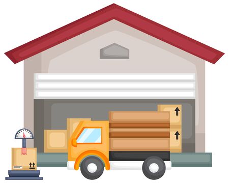 a vector of a warehouse full of package with a truck and scaleのイラスト素材