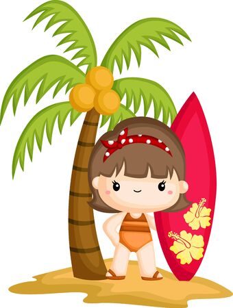 a girl holding a surfing board while standing below a coconut treeのイラスト素材
