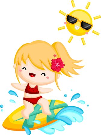a girl surfing the wave on a sunny dayのイラスト素材