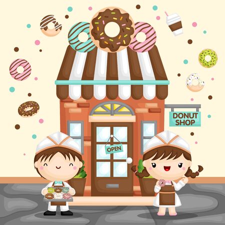 A Vector of Cute Little Girl and Boy Selling Donut in Front of a Donut Storeのイラスト素材