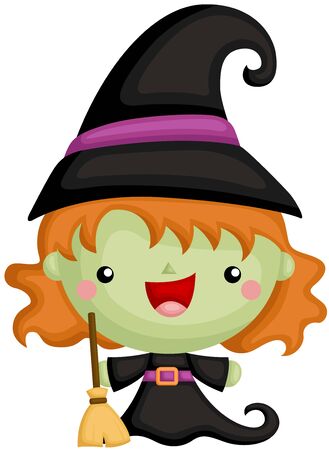 A Vector Set of Cute Little Halloween Witch Holding Broomのイラスト素材