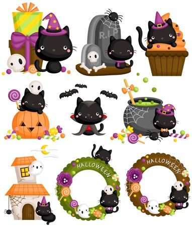 A Vector Set of Halloween Black Cat with the Halloween Items and Decorationのイラスト素材