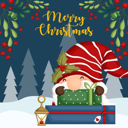 A Vector of Cute Gnome Hiding Behind Christmas Giftboxes on the Snowのイラスト素材
