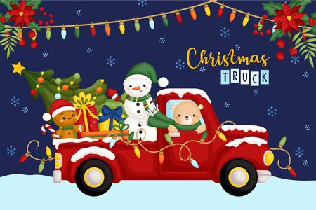 A Vector of Cute Bear Riding Red Christmas Truck Full of Gifts at Nightのイラスト素材