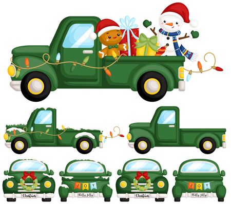 A Vector Set of Cute Green Christmas Truck From All Side and With Some Decorationのイラスト素材