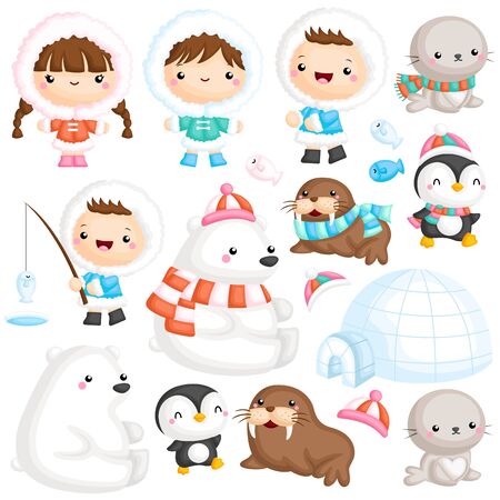 A Vector Set of Cute Eskimo with Various Polar Animal near Iglooのイラスト素材