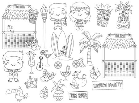 a vector of Hawaii item and culture in black and whiteのイラスト素材