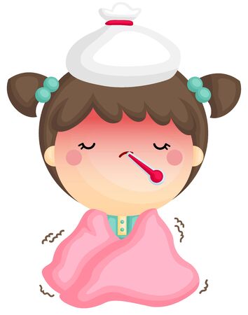 A Vector of Cute Girl with Fever and Shivering inside Her Blanketのイラスト素材