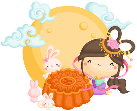A Vector of The Chinese Goddess with Mooncake under the Moonlightのイラスト素材