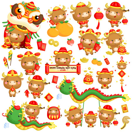 A vector set of ox in Chinese new year celebration costume and itemsのイラスト素材