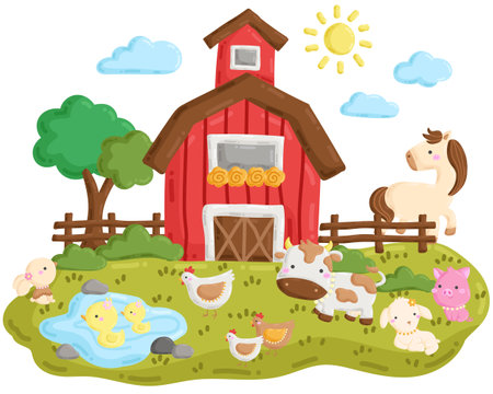 A Vector Set of Cute Farm Animal and Barnyard Doodleのイラスト素材