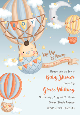 A Cute Vector Card of Baby Shower Celebration for Baby Boyのイラスト素材