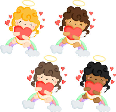 a vector of a cute cupid angel in multiple skin colors hugging a heartのイラスト素材