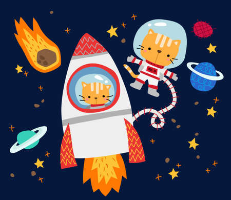 a vector of cute cats in space with planets and meteorのイラスト素材
