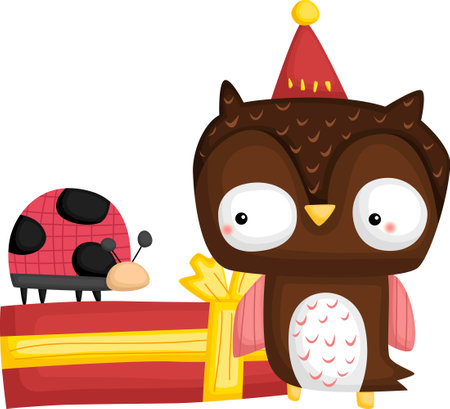 a vector of a cute owl with a birthday presentのイラスト素材