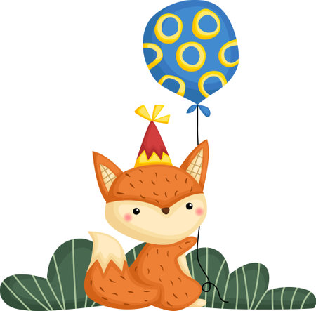 a vector of a fox celebrating birthday and holding a balloonのイラスト素材