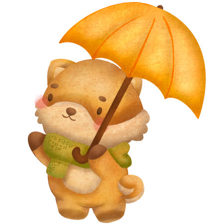 a watercolor of a dog holding umbrella in the autumn seasonの写真素材