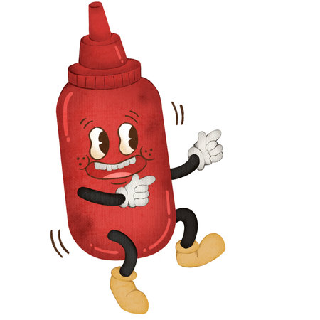 a cute cartoon ketchup bottle in watercolourの写真素材