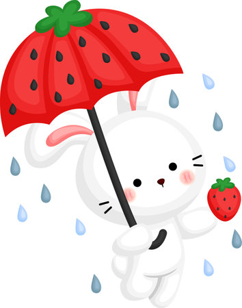 a vector of a bunny with a strawberry themed umbrellaのイラスト素材