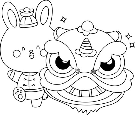 a vector of a rabbit with a lion dance in black and white coloringのイラスト素材