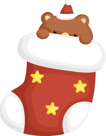 a vector of a bear inside a Christmas themed sockのイラスト素材