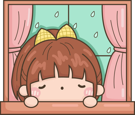 a vector of a girl near a window while it is rainingのイラスト素材