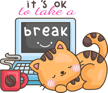a vector of a cat taking a break in front of a computerのイラスト素材