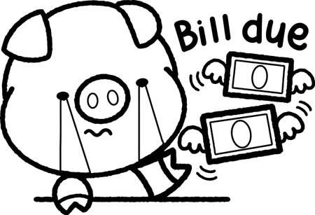 a vector of a cute pig with money related objects in black and white coloringのイラスト素材