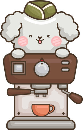 a vector of a cute white poodle with a coffee machineのイラスト素材