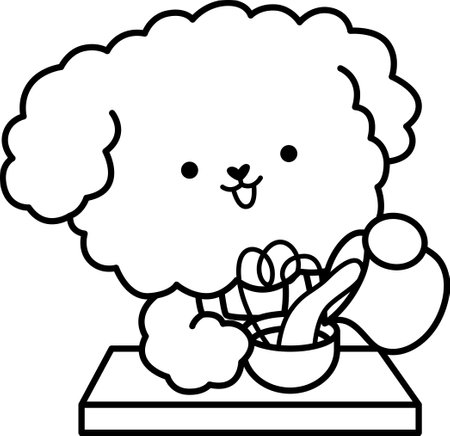 a cute poodle preparing a coffee in black and white coloringのイラスト素材