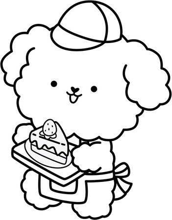 a vector of a cute dog and a slice of strawberry cake in black and white coloringのイラスト素材