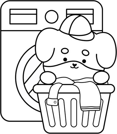 a vector of a cute dog with a washing machine in black and white coloringのイラスト素材