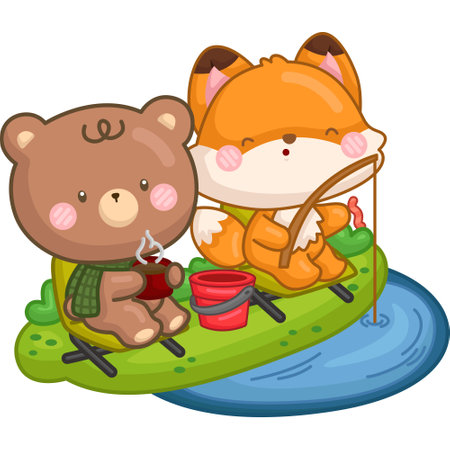 a vector of a cute bear and fox fishing in the lakeのイラスト素材