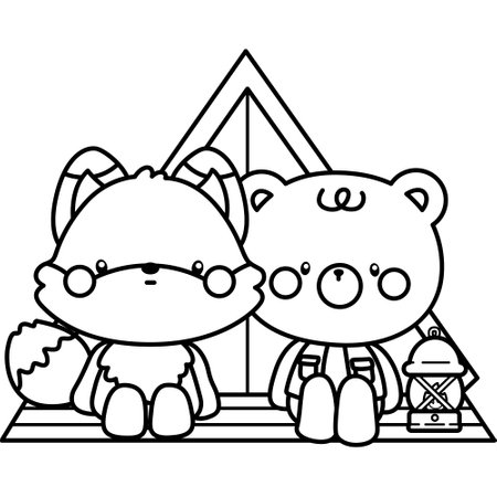 a cute vector of animals camping with a tent in black and white coloringのイラスト素材
