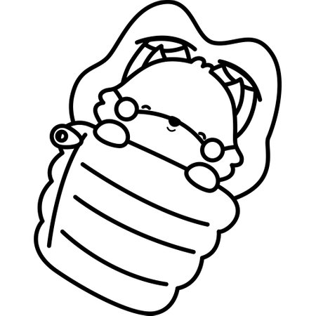 a cute fox inside a sleeping bag in black and white coloringのイラスト素材